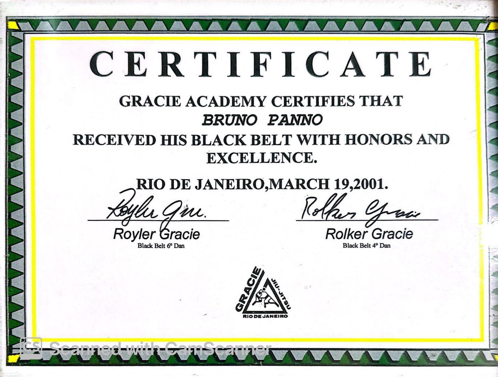 Gracie Academy black belt certificate for Bruno Panno